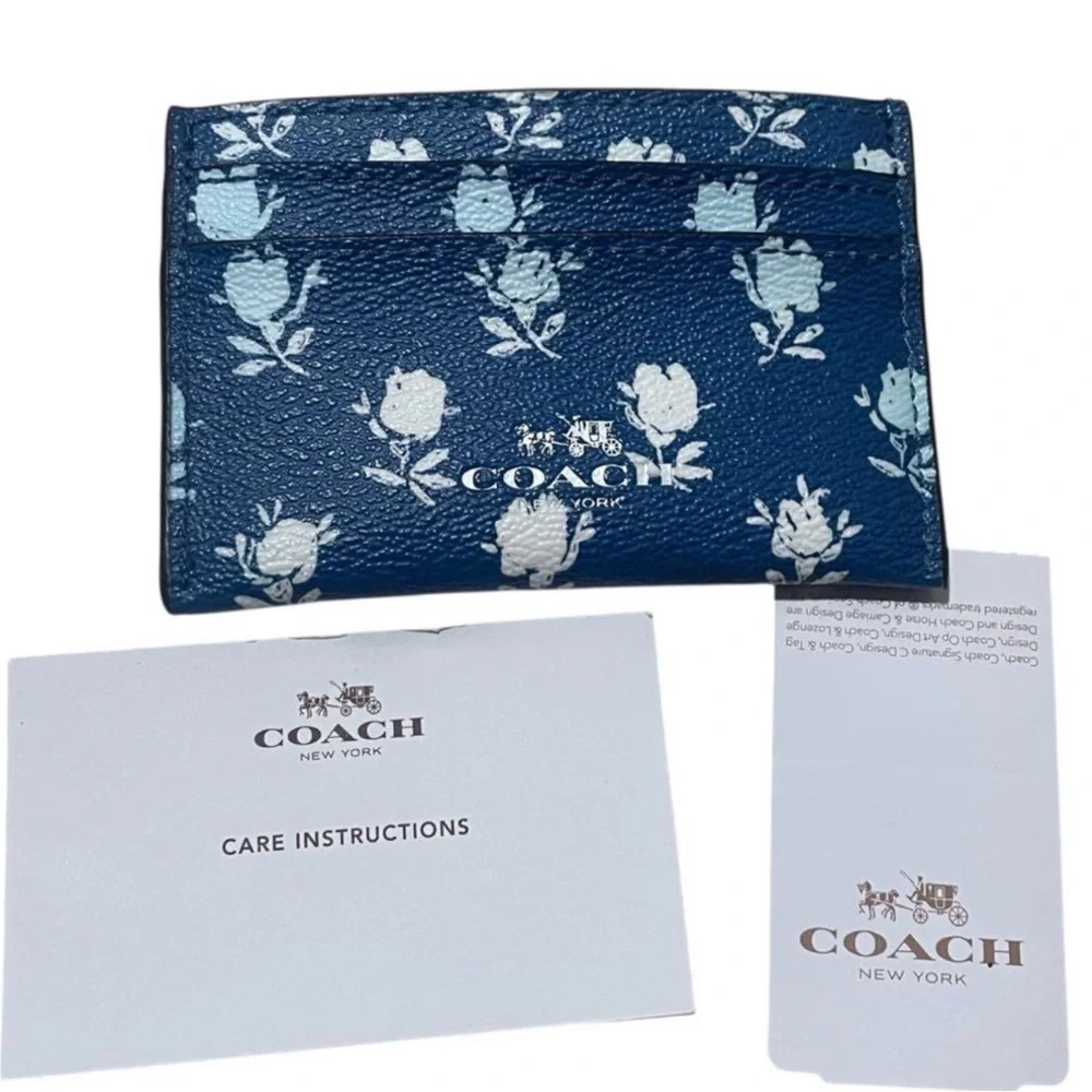 Coach Navy Blue Floral Card Case Wallet